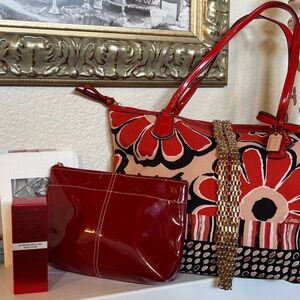 Coach Red and Black Floral Tote Set